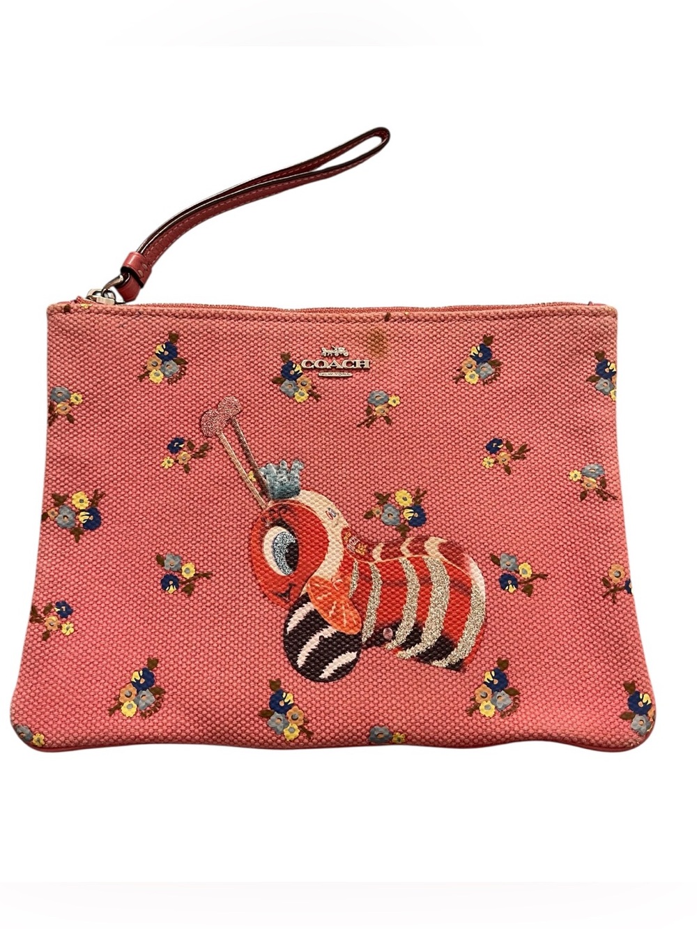 Coach Coral Pink Floral Canvas Wristlet with caterpillar